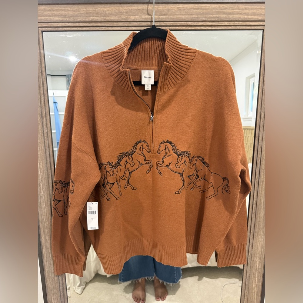 Anthropologie Montana Horse Zip Rust Mock neck Sweater Size Medium NWT